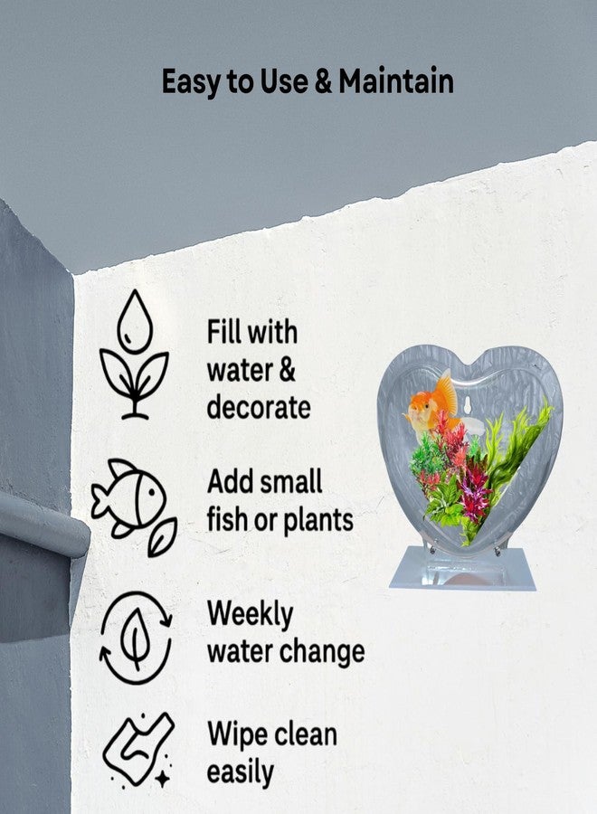 حوض سمك رمادي على شكل قلب، 9 بوصات، يُعلق على الحائط - مع حامل | حوض أسماك عصري للمنزل والمكتب والمقهى | تصميم موفر للمساحة | حوض سمك أنيق وحوض نباتات | تصميم صغير الحجم - Image 5